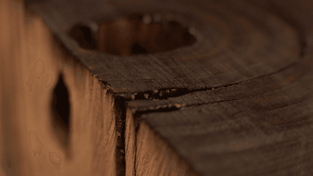 잔 불꽃이 남아 있는 나무 조각품 윗 표면