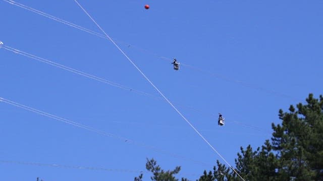 Workers maintaining high-voltage power lines in the bright sunlight