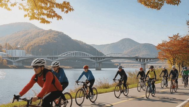 Cyclists riding along a riverside path