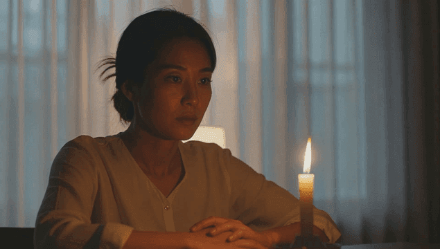 어두운 방에서 촛불 옆에 앉아 있는 여성