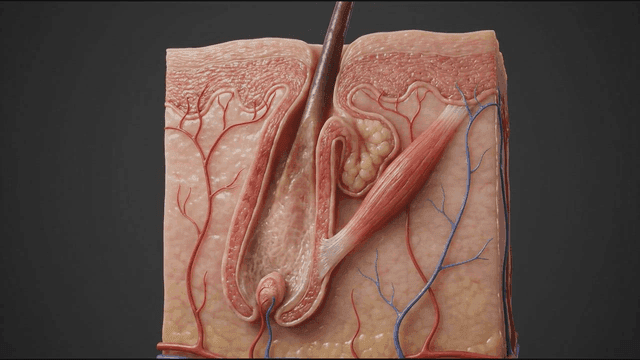 Detailed view of human skin and hair follicle