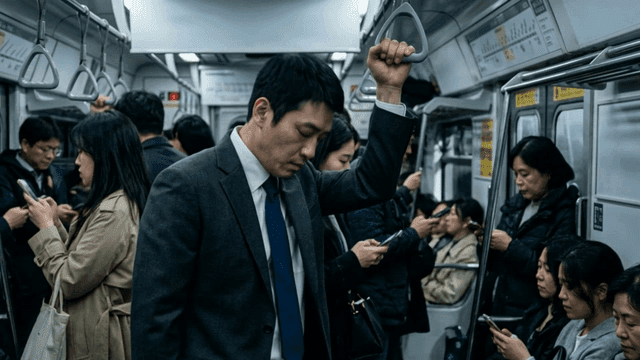 혼잡한 지하철에서 출근하는 회사원