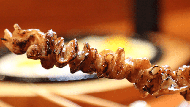 Grilled chicken skin skewers on plate