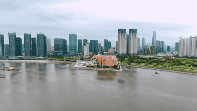 Modern city skyline with river view