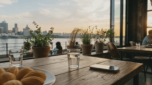 Riverside cafe with pastries at sunset