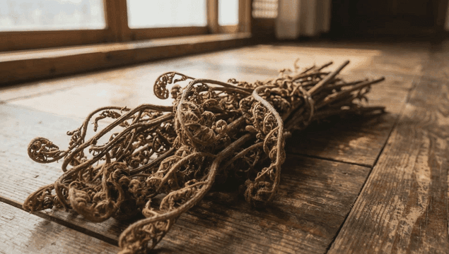 나무 바닥 위의 말린 고사리