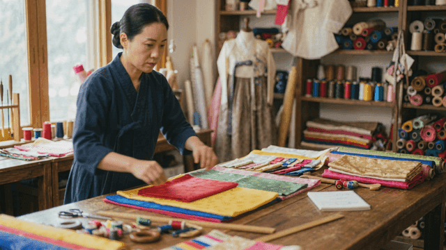 Woman organizing Hanbok fabric of various colors