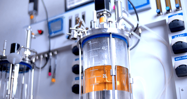 혼합되는 액체가 담긴 실험실 생물 반응기 장비