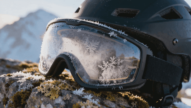 Frost-covered goggles on a rocky surface