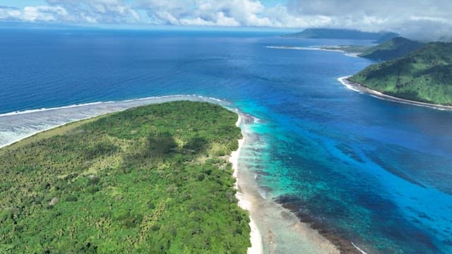 Tropical island with lush greenery and clear blue waters