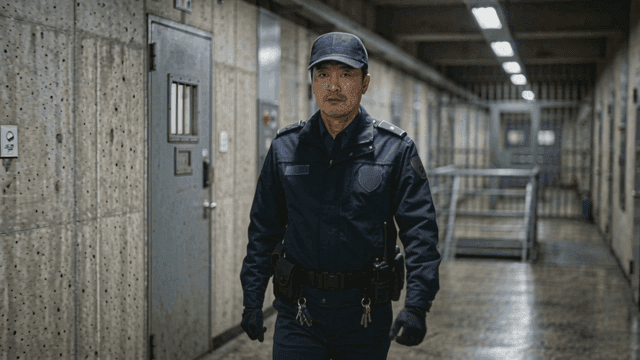 Prison guard patrolling dark hallway