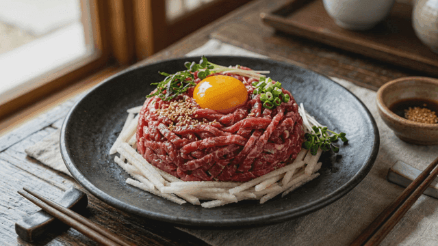Yukhoe topped with egg yolk
