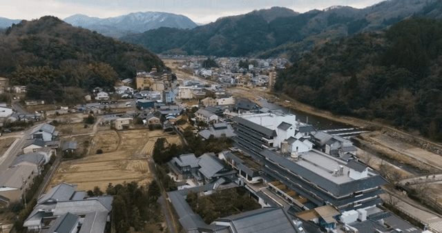 Aerial view of a small town with fields