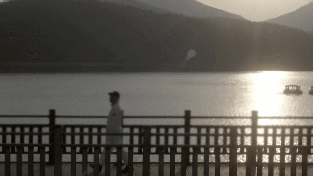 Person walking by quiet lakeside