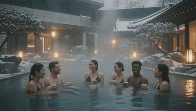 겨울 온천을 즐기는 다양한 인종의 사람들