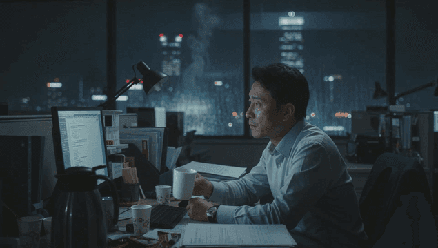 Man working late at night in an office