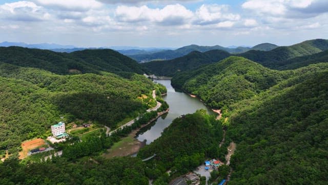 고요한 강이 있는 푸른 산