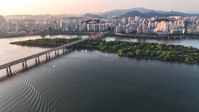 Tranquil river with city background