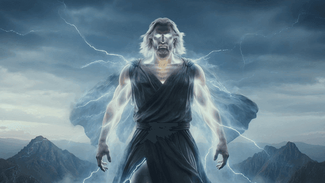 Powerful Zeus wrapped in lightning in mountains