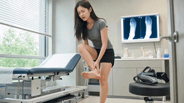 Female patient holding her foot in pain
