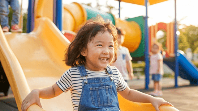 Children playing joyfully on a slide