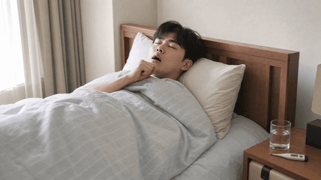 Man lying in bed looking sick with cold