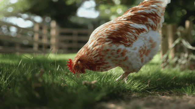 Chicken pecking at grass in sun-drenched yard
