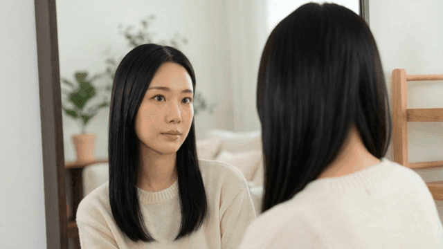 Woman looking at her face in mirror