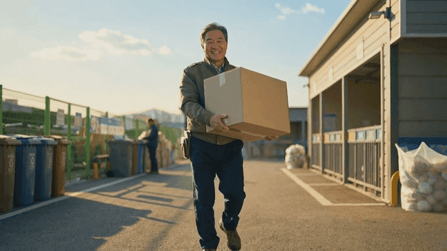 Male security guard carrying boxes in recycling area