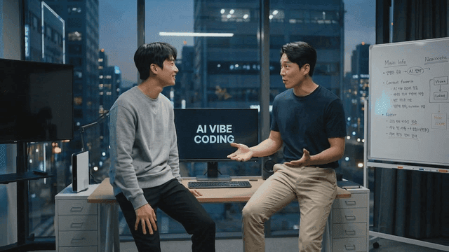 Two men discussing AI Vibe coding in modern office