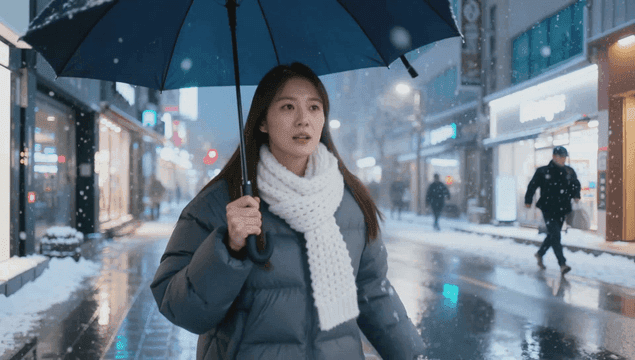 Woman walking with umbrella on snowy evening
