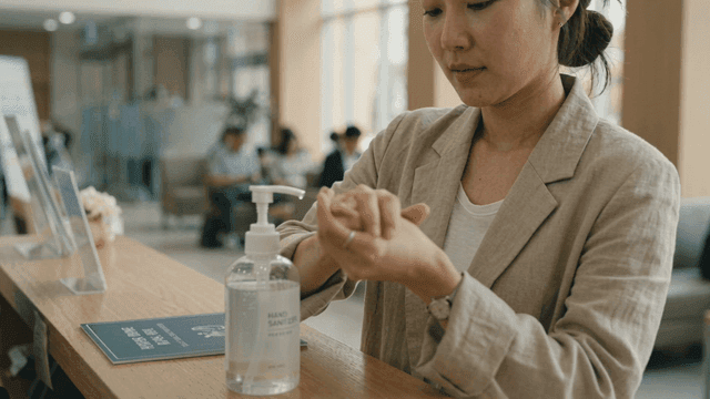 Woman applying hand sanitizer
