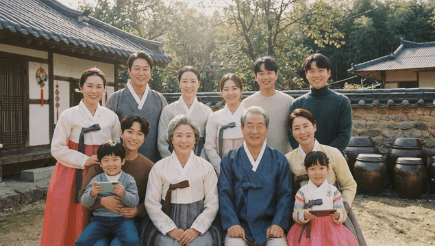Family gathering in traditional Korean attire
