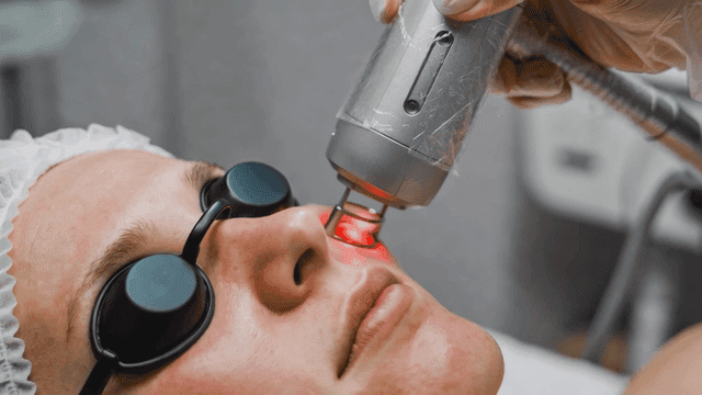 Woman receiving laser treatment on her face