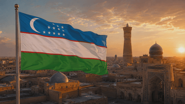 Uzbekistani flag fluttering over historic city at sunset