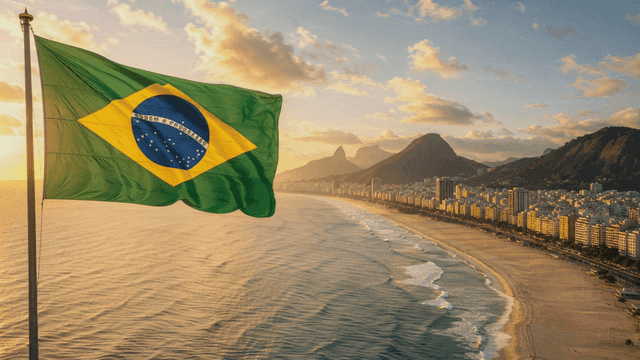Brazilian flag waving over a coastal city