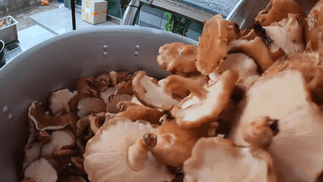 큰 냄비에 버섯을 넣는 장면