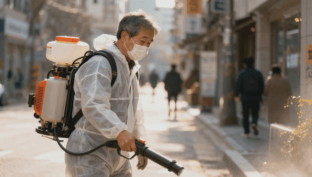 도시 거리에서 소독하는 남성