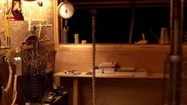 나무 조각품이 있는 아늑한 작업실