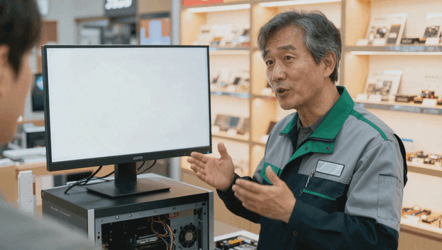 Technician explaining computer performance in a store