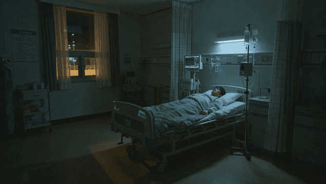 어두운 병실에서 쉬고 있는 남성 중환자