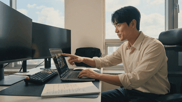 Man working on a laptop in a bright office