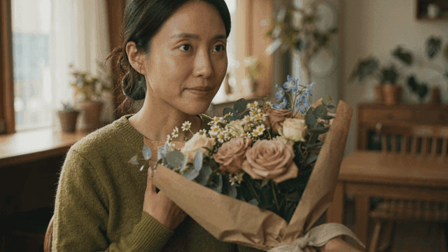 Woman happy to receive bouquet of flowers