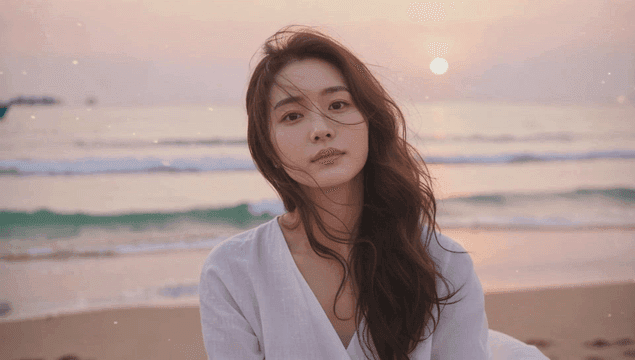 해질녘 고요한 해변의 정면을 보는 젊은 여성