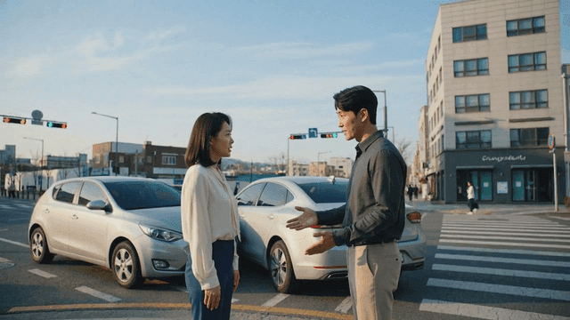 Man and woman talking after traffic accident at city intersection