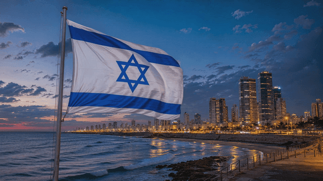 City skyline with a flag by the sea