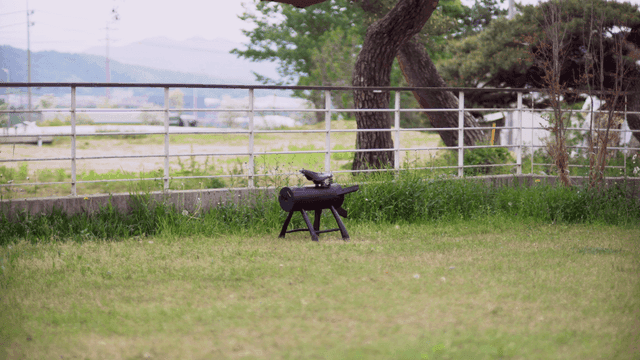 Small black sculpture on a grassy field