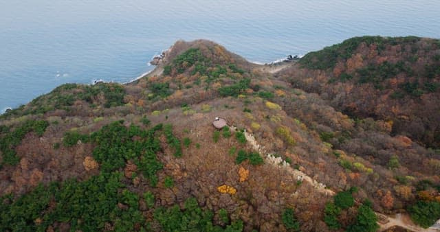 가을 산에서 내려다본 푸른 바다