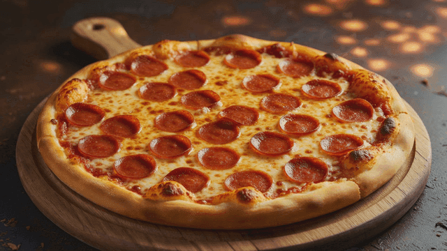 Freshly baked pepperoni pizza on wooden cutting board