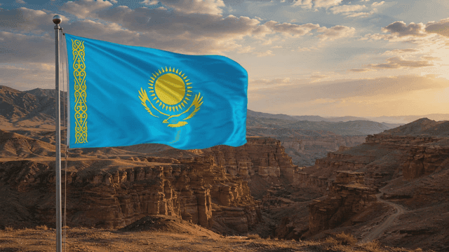 Kazakhstan flag waving in a canyon